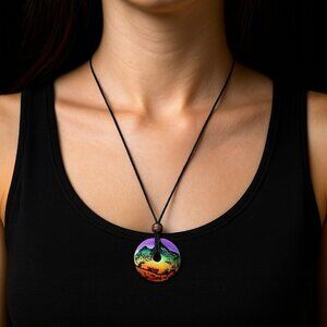Boho Hand Painted Tribal Necklace Donut Pendant Cord Adjustable Festival Art